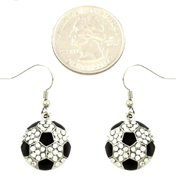 NEW! Sparkling Silver Black SOCCER Rhinestone DANGLING Earrings - ATHLETE SPORT! - Picture 3 of 3